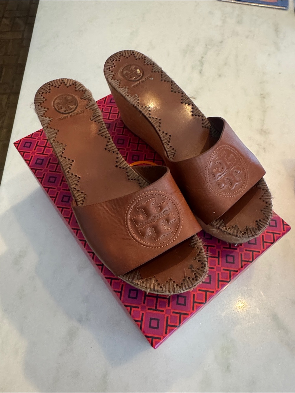 Tory Burch Tan Leather Wedge Slide Sandals